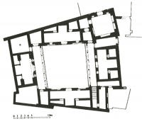 Dar-Uthman, plan et vue du patio central, Tunisie Vue aérienne du système de couverture en terrasse de Kairouan, Tunisie