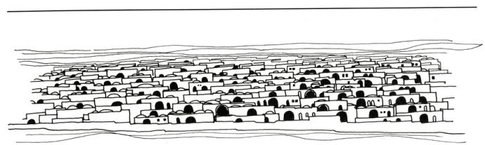 Vue typique de villes sur le littoral nord-africain. (P. Cuneo, Storia dell’urbanistica. Il mondo islamico, Bari 1986) 