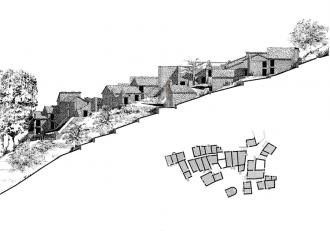 Vue d’ensemble, plan et planivolumétrie de la structure urbanistique et de construction du centre de Poilarocca  